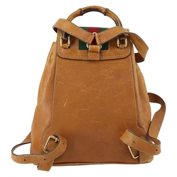 GUCCI Bamboo Web Sherry Line Backpack Leather Brown Red Auth 151581 - Picture 2 of 16